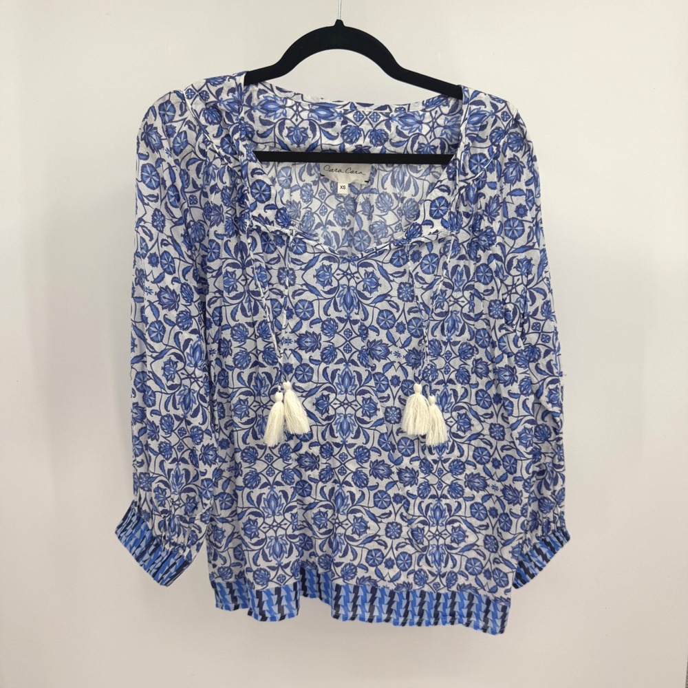 Cara Cara Blue White Floral Print Cotton Peasant Blouse XS Relaxed Top Boho